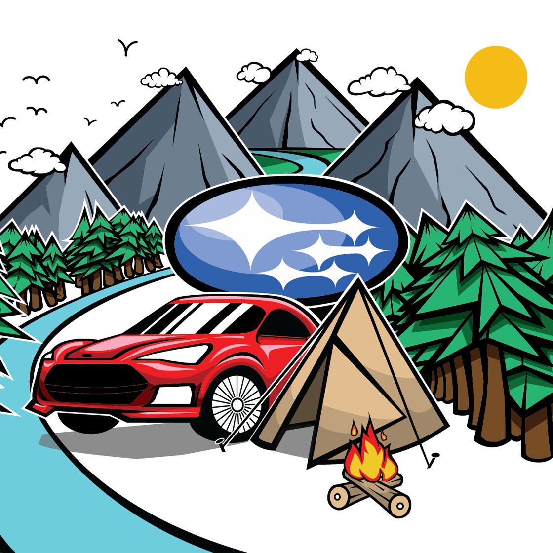 A graphic digital illustration of a car in front of mountains