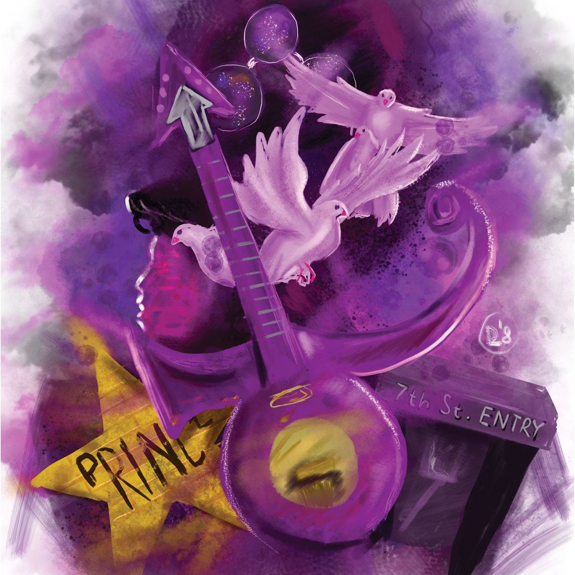 A graphically illustrated image of a purple guitar and the word Prince inside a golden star